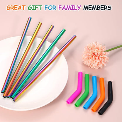 Lazycorner 16 Pcs Metal Straw Reusable 8.5" 10.5" 6mm Stainless Steel Straws for Tumblers 20oz-32oz, Rainbow Drinking Straws with Silicone Tips, 4 Straw Cleaner Brush, 1 Travel Case