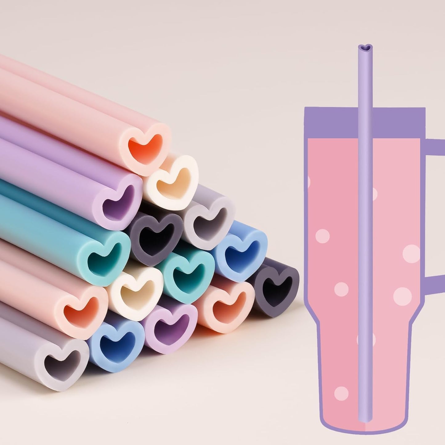 Tomorotec 15PCS Heart Shaped Silicone Straws Fit for Stanley 40oz 30oz 20oz Tumbler, 12.2 Inch Reusable Silicone Drinking Straws Fit for Stanley Cups, Customizable for Various Drinkware w/ 2 Brushes
