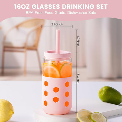 Mrsdry Glass Cups with Lids and Straws (4 Pcs), 16oz Drinking Glasses Set with Silicone Sleeves for Coffee Bar Accessories Iced Coffee Cups with Lids, Glass Tumbler Reusable for Gifts