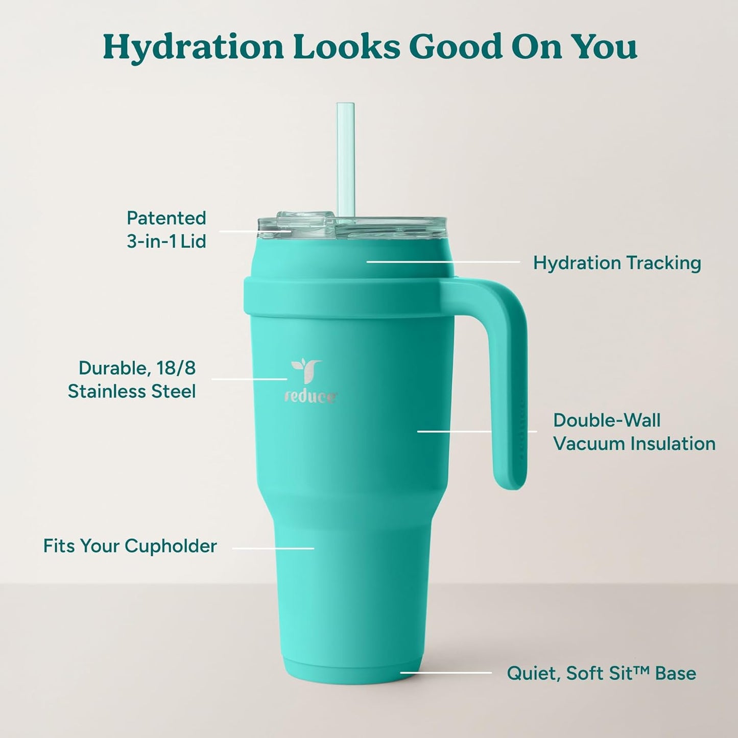 REDUCE 24 oz Stainless Steel Tumbler with Handle - Dual-Wall Vacuum Insulated Travel Mug, Sweat-Proof Lid & Reusable Straw - Keeps Drinks Cold for 24 Hrs, Fits Cupholders, Dishwasher Safe - Lilac Bud