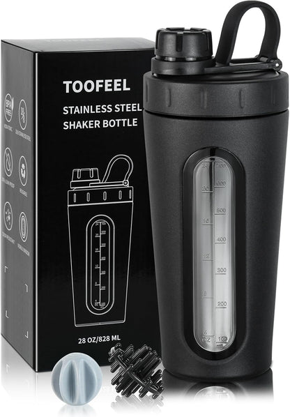 TOOFEEL Shaker Bottles for Protein Mixes 28 oz Stainless Steel Protein Shaker with 2 Mixing Ball, Not Stays Cold/Hot, Visible Window Metal Shaker Cups, Leakproof, BPA Free Bottle Shaker