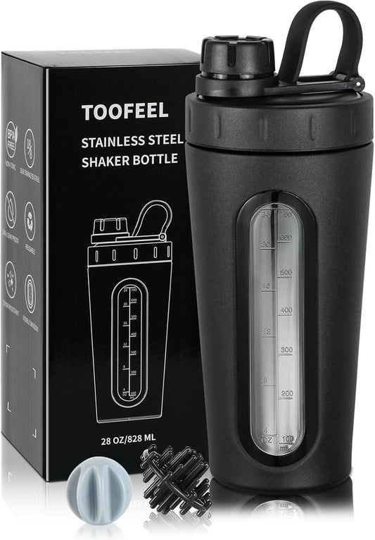 TOOFEEL Shaker Bottles for Protein Mixes 28 oz Stainless Steel Protein Shaker with 2 Mixing Ball, Not Stays Cold/Hot, Visible Window Metal Shaker Cups, Leakproof, BPA Free Bottle Shaker