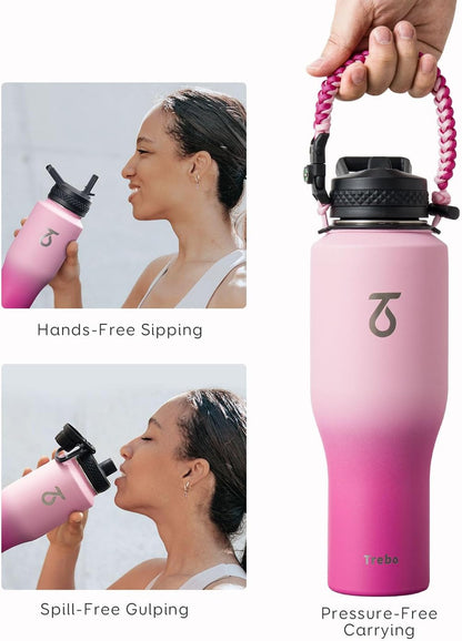 Trebo 40 oz Water Bottle Insulated Fit Car Cup Holder with Handle, Stainless Steel Water Bottles Tumbler with Spout Straw Lids, Double Wall Travel Reusable Flask, Leakproof Mug,Keep Cold &Hot,Black