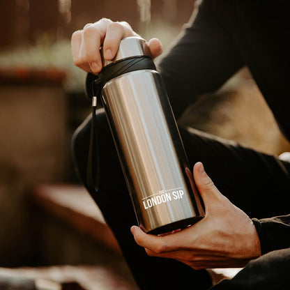 London Sip 25 oz Multi-Function Travel Mug and Tumbler Tea Infuser Water Bottle Fruit Infuser Flask Hot and Cold Double Wall Stainless Steel Coffee Thermos, Cosmic Silver