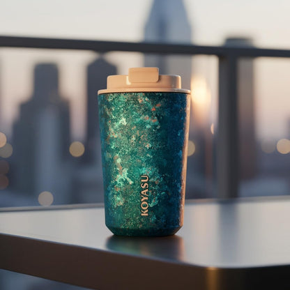 KOYASU Ti-Zen Titanium Travel Coffee Mug - 12oz Ultralight Insulated Tumbler - Leakproof Commuter Cup for Men & Office Desk Accessory - Minimalist Portable Tea Flask for Travel & Car- Indigo Blue