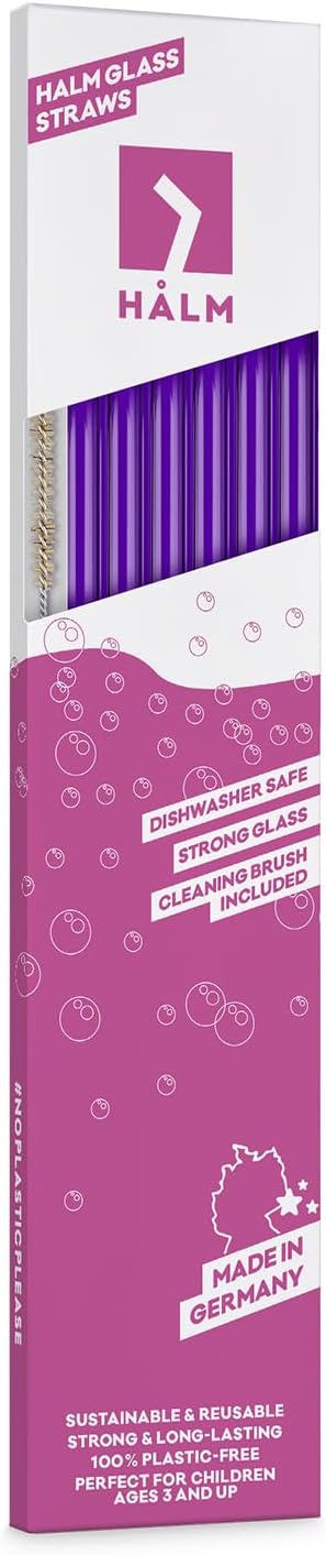 Halm Glass Straws - 6 Long 12 inch Bent Stanley Cup Replacement Drinking Straws + Plastic-Free Cleaning Brush - Perfect for Bottles & Quencher - Made in Germany - Dishwasher Safe - Eco-Friendly
