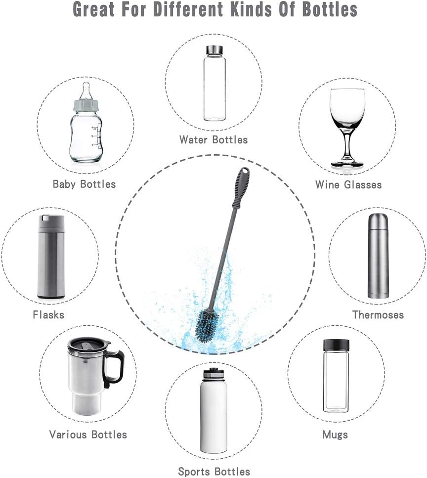 Silicone Bottle Cleaning Brush with Long Handle, 12.5" Water Bottle Cleaner for Baby Bottles, Hydro Flask, Sports Bottle, Vase, Glassware, Perfect for Smaller Diameter Bottle Openings (One Pack)