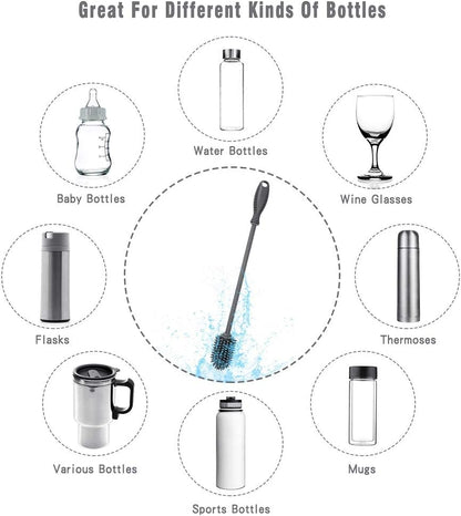 Silicone Bottle Cleaning Brush with Long Handle, 12.5" Water Bottle Cleaner for Baby Bottles, Hydro Flask, Sports Bottle, Vase, Glassware, Perfect for Smaller Diameter Bottle Openings (One Pack)