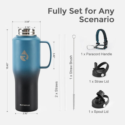 RAYMYLO 40 oz Insulated Water Bottle with Straw fit in Car Cup Holder, Triple Wall Vacuum Stainless Steel(Cold 48 hrs, Hot 24 hrs), Leakproof & Non-BPA, Hydro Travel Flask with Straw and Spout Lid