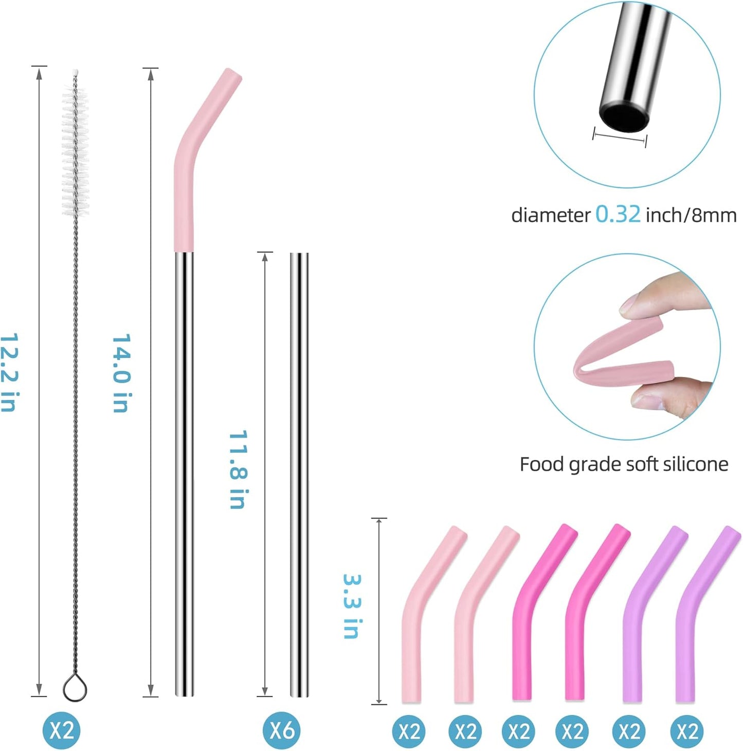 40 oz Stainless Metal Straws for 40 oz Stanley Tumbler, 6Pcs Reusable Straight Long Steel Straws with 12 Silicone Tips and 2 Straw Cleaning Brushes (6Color1, 40oz)