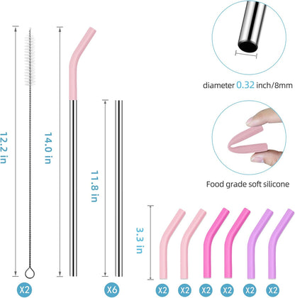 40 oz Stainless Metal Straws for 40 oz Stanley Tumbler, 6Pcs Reusable Straight Long Steel Straws with 12 Silicone Tips and 2 Straw Cleaning Brushes (6Color1, 40oz)