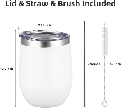 12 oz Insulated Wine Tumbler with Lid and Straw,Stainless Steel Stemless Wine Tumbler Glasses Double Wall Vacuum Wine Cups Tumbler for Coffee,Champaign,Cocktail,Office（Silver,1）