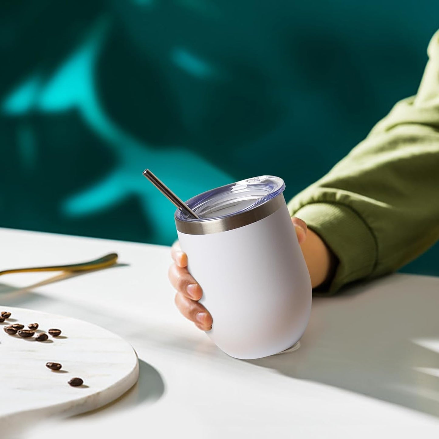 12 oz Insulated Wine Tumbler with Lid and Straw,Stainless Steel Stemless Wine Tumbler Glasses Double Wall Vacuum Wine Cups Tumbler for Coffee,Champaign,Cocktail,Office（Silver,1）