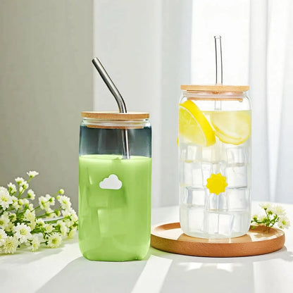 Honeydak 2 Pcs Icon Juice Glass Tumbler with Lid & Straw - 18 oz Cloud and Sun Icon Can Shape Glass Cups Coffee Juice Beer Soda Drinking Cup for Summer Halloween Christmas Party Supplies Gift