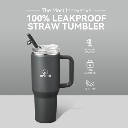 Gpeng 30/40/50 oz Tumbler with Handle, Water Bottles with Straw Lid, Insulated Stainless Steel Travel Mug Cup Holder Friendly, Keep Drinks Cold or Hot for Hours (LightGrey, 50 oz)
