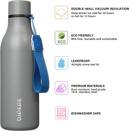 BJPKPK Insulated Water Bottles, 18 oz Stainless Steel Metal Water Bottle with Strap, BPA Free Leak Proof Jugs, Mugs, Flasks, Reusable Thermal Flasks for Sports & Travel, Black - Colors A