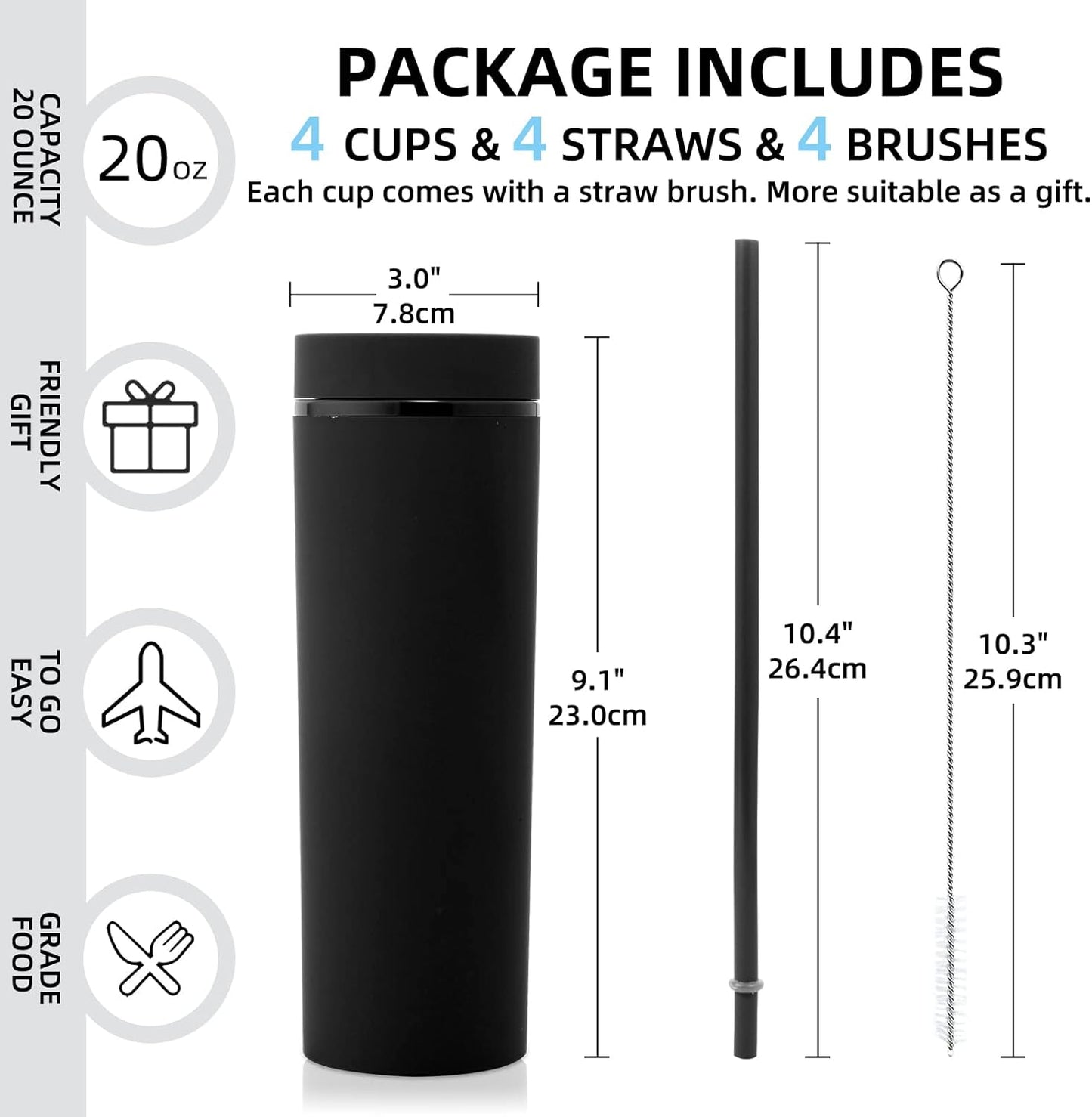Volhoply 20oz Plastic Skinny Tumbler,Double Wall Tumblers with Lid and Straw,Reusable Travel Iced Coffee Mug,BPA Free Matte Acrylic Water Cups With Straw for Parties,DIY Gifts(Black,1 Set