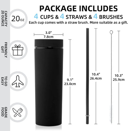 Volhoply 20oz Plastic Skinny Tumbler,Double Wall Tumblers with Lid and Straw,Reusable Travel Iced Coffee Mug,BPA Free Matte Acrylic Water Cups With Straw for Parties,DIY Gifts(Black,1 Set
