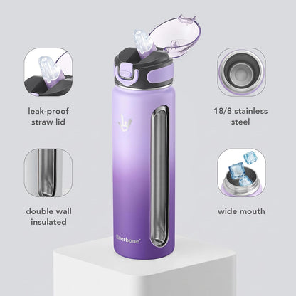 Enerbone 24 oz Insulated Water Bottle, Stainless Steel Bottle with Carrying Strap, Double-Wall Vacuum Insulation Design, Leakproof Sports Bottle with Straw, Keep Drinks Cold or Hot for Hours
