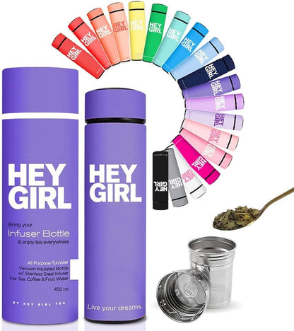 Hey Girl Tea Infuser Bottle 450ml - Insulated Stainless Steel Water Bottle - Tea Tumbler with Tea Diffuser - Portable Travel Mug for Loose Leaf Tea & Infused Water - Tea Lovers Gifts for Women (Pink)