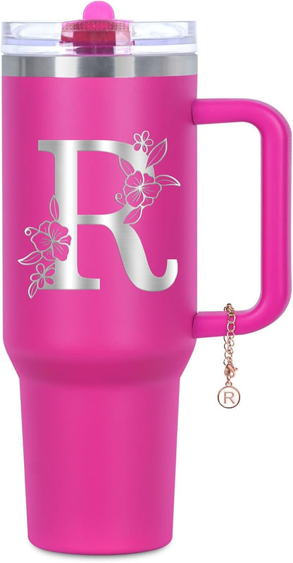 Personalized 40 oz Monogrammed Tumbler with Handle and Flip Straw Lid, 100% Leak Proof stainless steel Insulated Tumbler, Customized Initial Funny Gifts for Women Mom Sisters Coworker, A