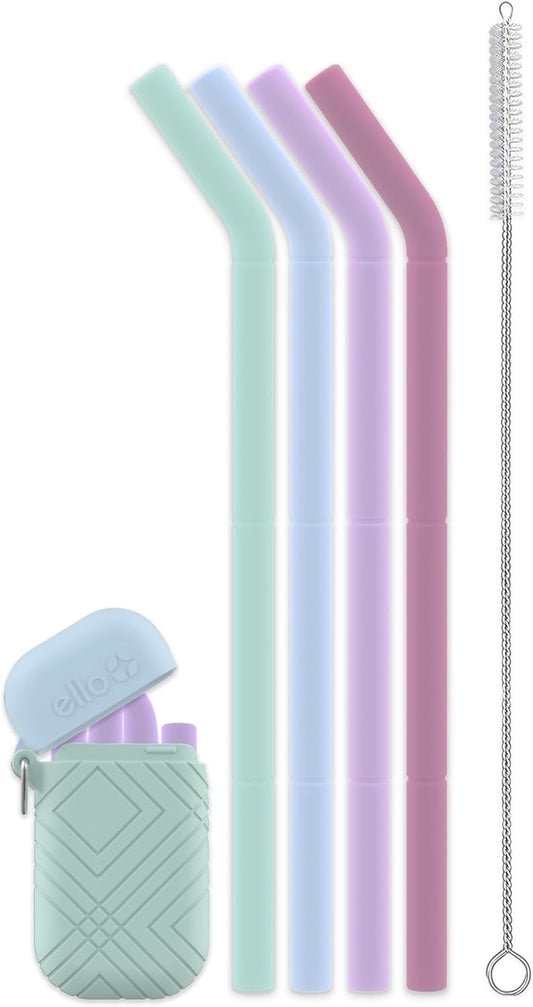 Ello Impact Pack of Reusable Silicone Straws with Fold & Store Carry Case, Portable Drinking Straw for Party Travel Cruise Ship, Includes Straw Cleaning Brush, Dishwasher Safe, BPA-Free