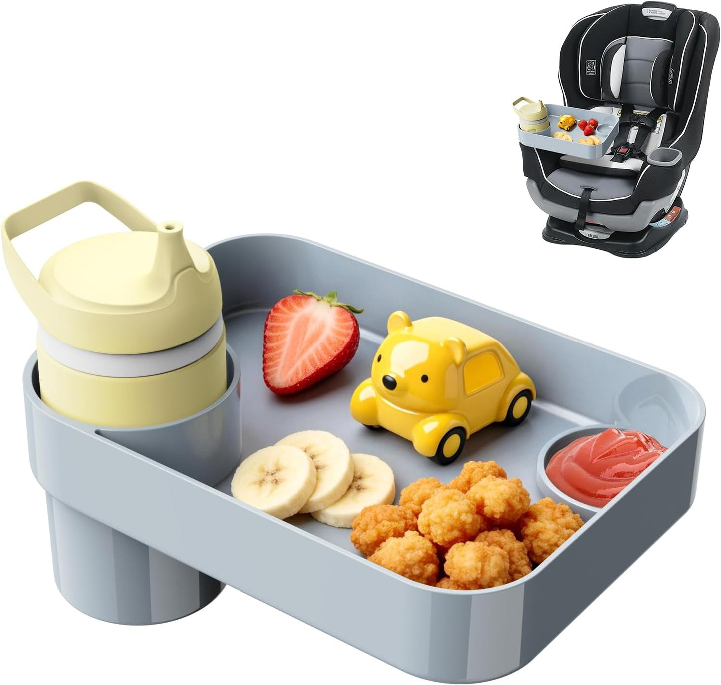 Car Seat Snack Tray for Toddlers - 3 Inch Cup Holder Fits Most Sippy Cups & Straw Bottles with Dip Well, Mess-Free Square Kids Travel Tray Road Trip Essentials, Black