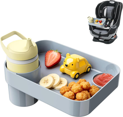 Car Seat Snack Tray for Toddlers - 3 Inch Cup Holder Fits Most Sippy Cups & Straw Bottles with Dip Well, Mess-Free Square Kids Travel Tray Road Trip Essentials, Black