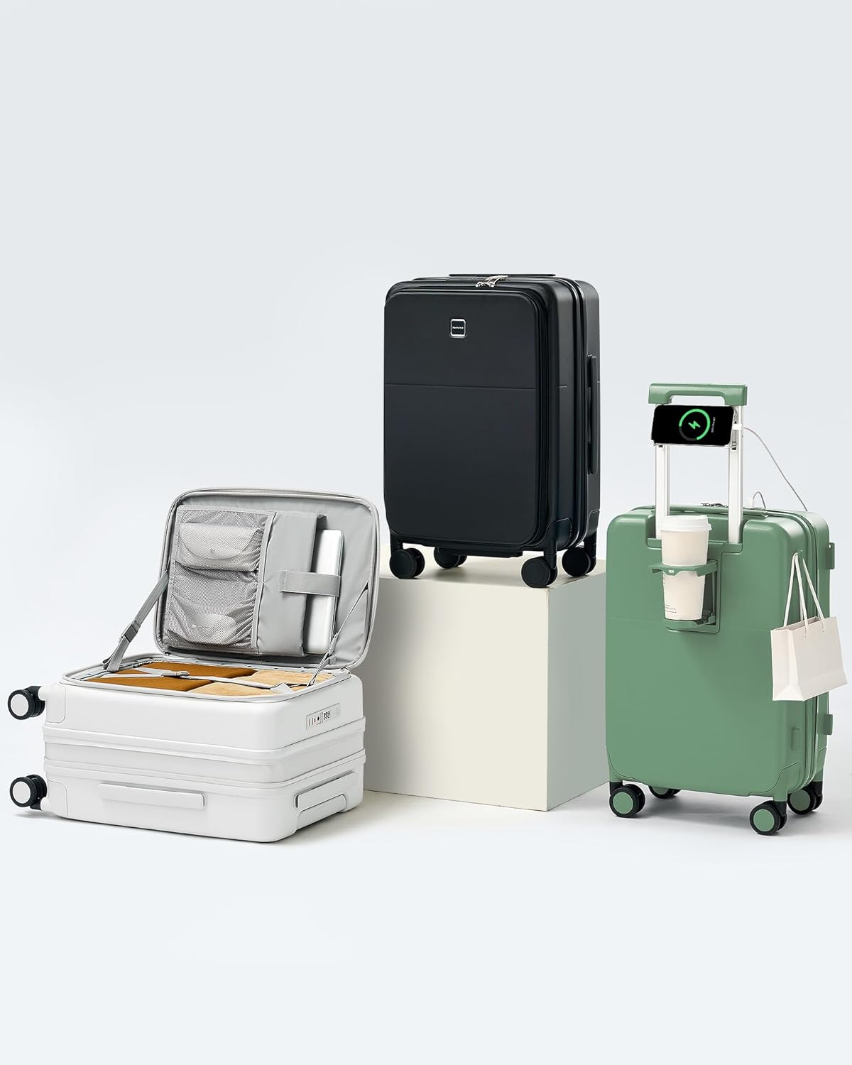 Hanke 20 Inch Expandable Carry On Luggage with Cup Holder 22x14x9 Airline Approved, Top Opening Hard Shell Suitcases with Wheels, Carry-On Travel Suitcase Trunk Luggage with Lock, Smoke White