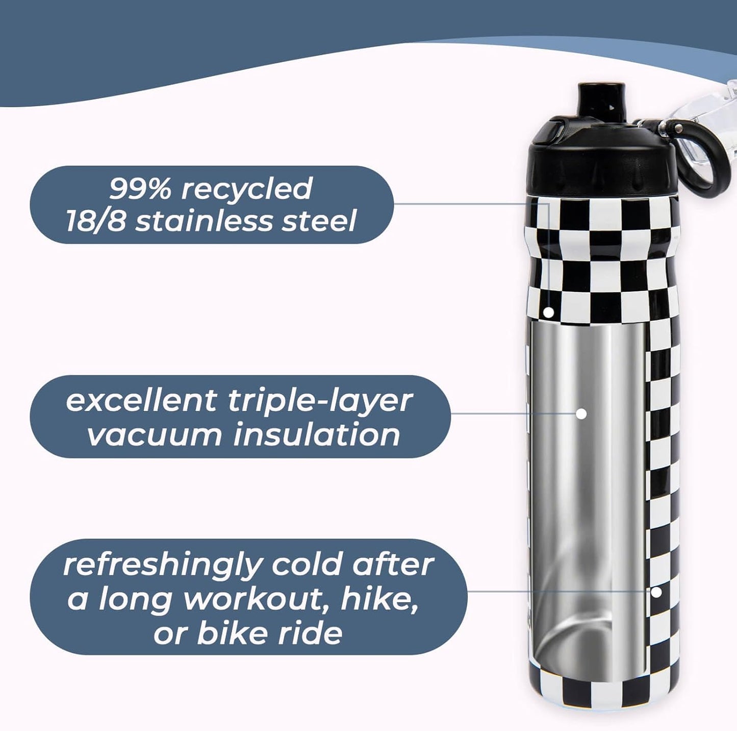 Magnetic Water Bottle with Straw 25 oz - Stainless Steel Insulated Tumbler for Gym & Bike (Fits Holders) - Leak Proof Pop-Up Lid, 2-in-1 Sip or Chug, Handle & Cute Black Checkered Print