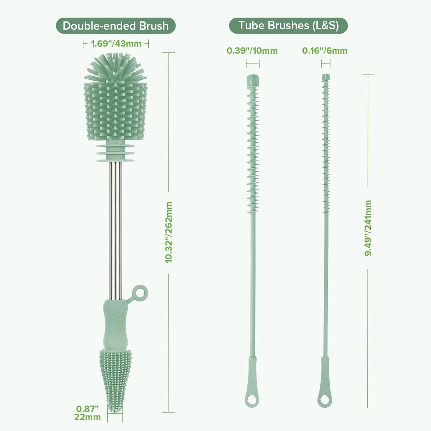 Haakaa Silicone Cleaning Brush for Baby Bottles and Crevices, Double-Ended Bottle Brush for Breast Pumps, Milk Collectors, Nipples and Breastmilk Storage Bags, Food-Grade Silicone, Pea Green, 1 Pack