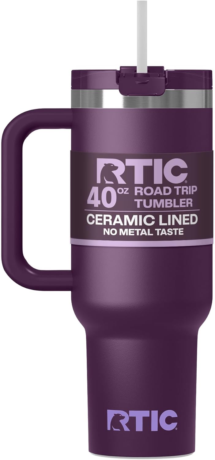 RTIC 30 oz Road Trip Tumbler Double-Walled Ceramic Lined InsulatedStainless Steel Portable Travel Coffee Mug Cup with Lid, Handle and Straw, Periwinkle Bouquet
