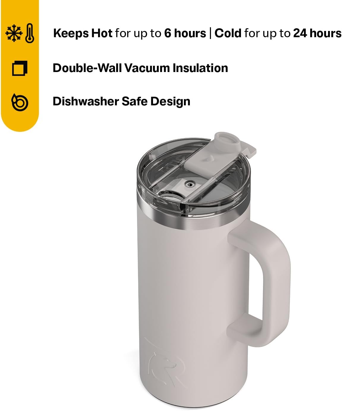 RTIC 20oz Road Trip Travel Mug with Lid and Handle, Ceramic Lined, Insulated, Stainless Steel, Metal, Double Wall Vacuum-Insulation, Portable Coffee, Tea Cup for Hot and Cold Drink, Black
