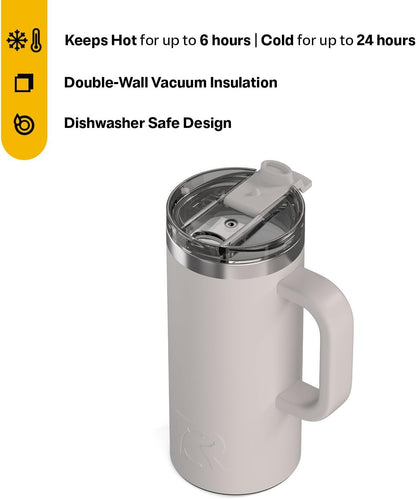 RTIC 20oz Road Trip Travel Mug with Lid and Handle, Ceramic Lined, Insulated, Stainless Steel, Metal, Double Wall Vacuum-Insulation, Portable Coffee, Tea Cup for Hot and Cold Drink, Black