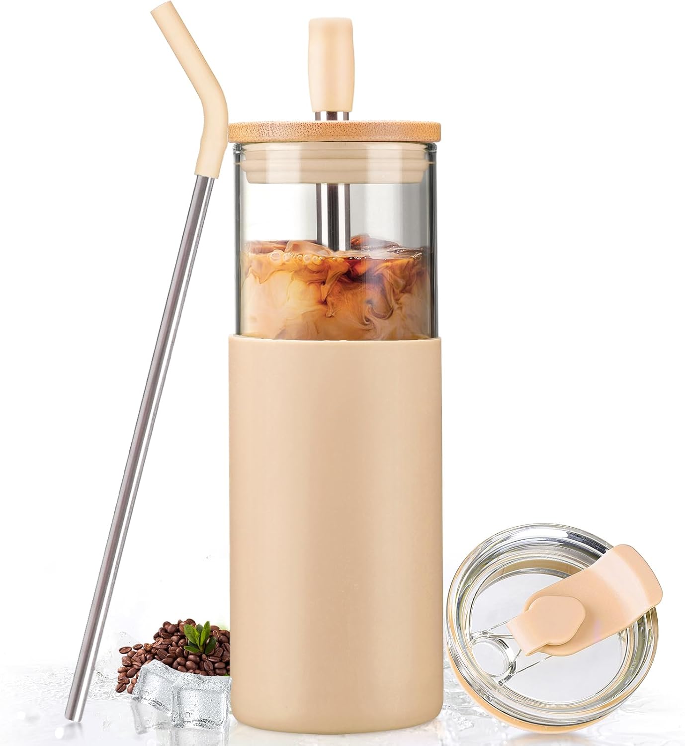 Kodrine 20oz Glass Water Tumbler with Straw and Lid, Bamboo Lids Water Bottle, Iced Coffee Cup Reusable, Wide Mouth Smoothie Cups with Protective Silicone Sleeve BPA FREE-Black - Colors B
