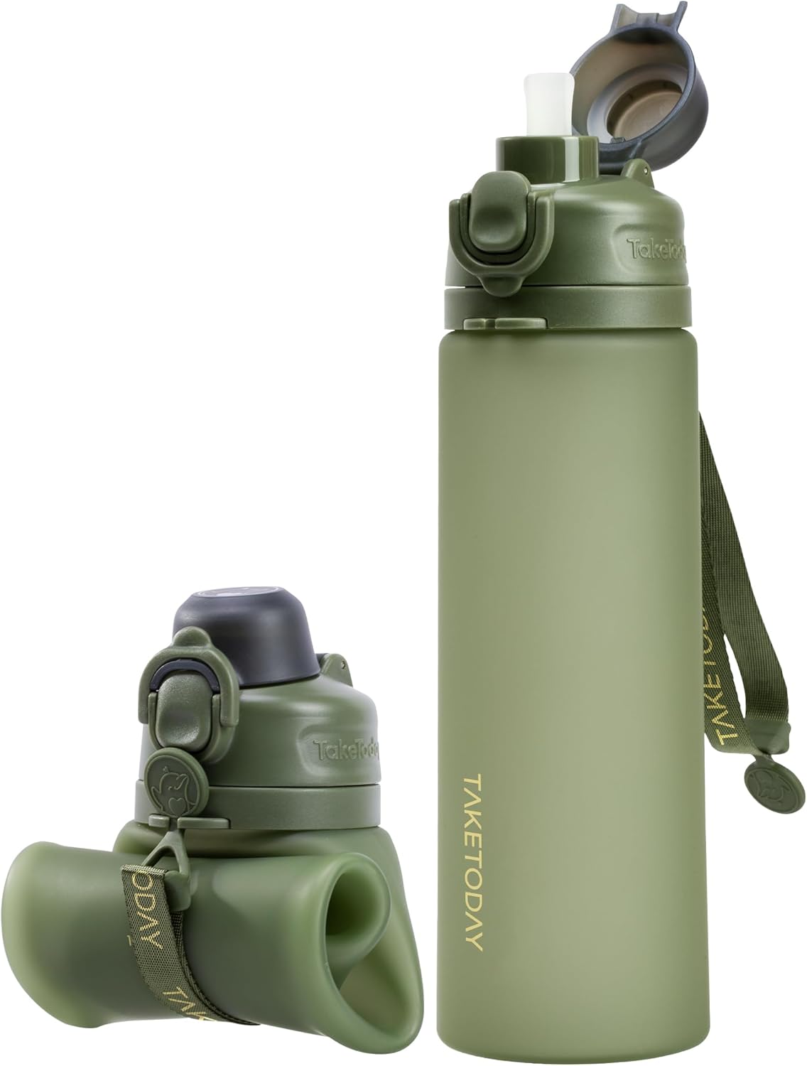 TakeToday Collapsible Water Bottles 21oz (600mL), Foldable Platinum Silicone Travel Water Bottle with Straw & Carry Strap, Leak-Resistant Screw Lid, Wide Mouth, BPA-Free for Hiking, Camping, Travel