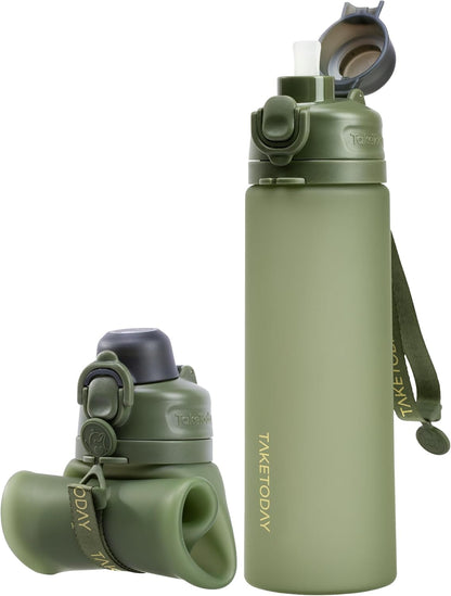 TakeToday Collapsible Water Bottles 21oz (600mL), Foldable Platinum Silicone Travel Water Bottle with Straw & Carry Strap, Leak-Resistant Screw Lid, Wide Mouth, BPA-Free for Hiking, Camping, Travel