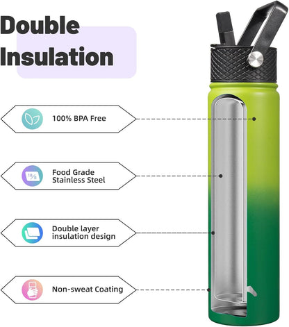 Konokyo 22oz Stainless Steel Bottles with 3 Lids Sport Insulated Water Bottle,Mint