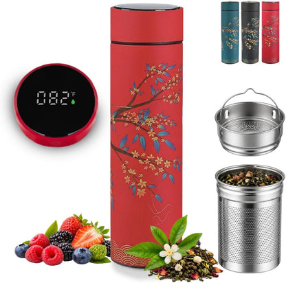 Farasi Tea Infuser for Loose Leaf Tea Smart Water Bottle with Temperature Display, Stainless Steel Insulated Coffee and Fruit Tea Infuser Bottle - Green Floral Travel Tea Mugs 15 oz