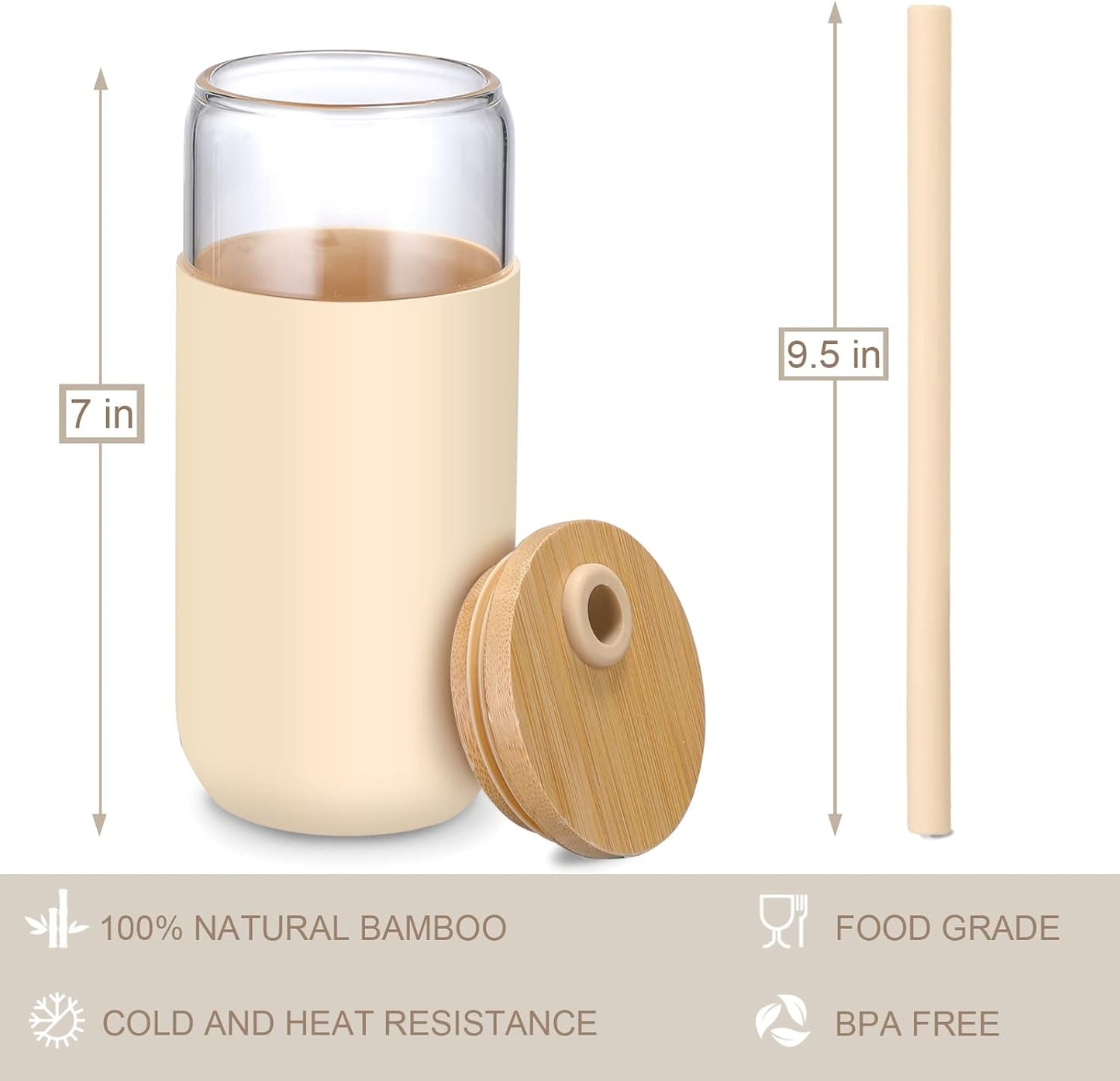20oz Glass Water Tumbler with Silicone Protective Sleeve - Beer Shaped Glass Cups with Straw and Bamboo Lid, Iced Coffee Glasses, Cute Drinking Glasses for Water, Smoothie, Gift - Cambridge Blue
