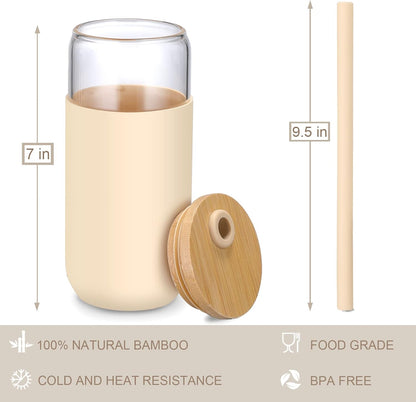 20oz Glass Water Tumbler with Silicone Protective Sleeve - Beer Shaped Glass Cups with Straw and Bamboo Lid, Iced Coffee Glasses, Cute Drinking Glasses for Water, Smoothie, Gift - Cambridge Blue