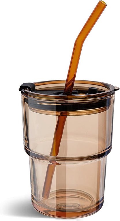 Olvini 13oz Glass Tumbler with Straw and Lid, Reusable Iced Coffee Cup Tumbler, Cute Glass Cups for Water, Matcha, Travel Coffee Mugs (Daisy)