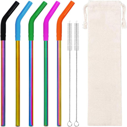 Lazycorner 16 Pcs Metal Straw Reusable 8.5" 10.5" 6mm Stainless Steel Straws for Tumblers 20oz-32oz, Rainbow Drinking Straws with Silicone Tips, 4 Straw Cleaner Brush, 1 Travel Case