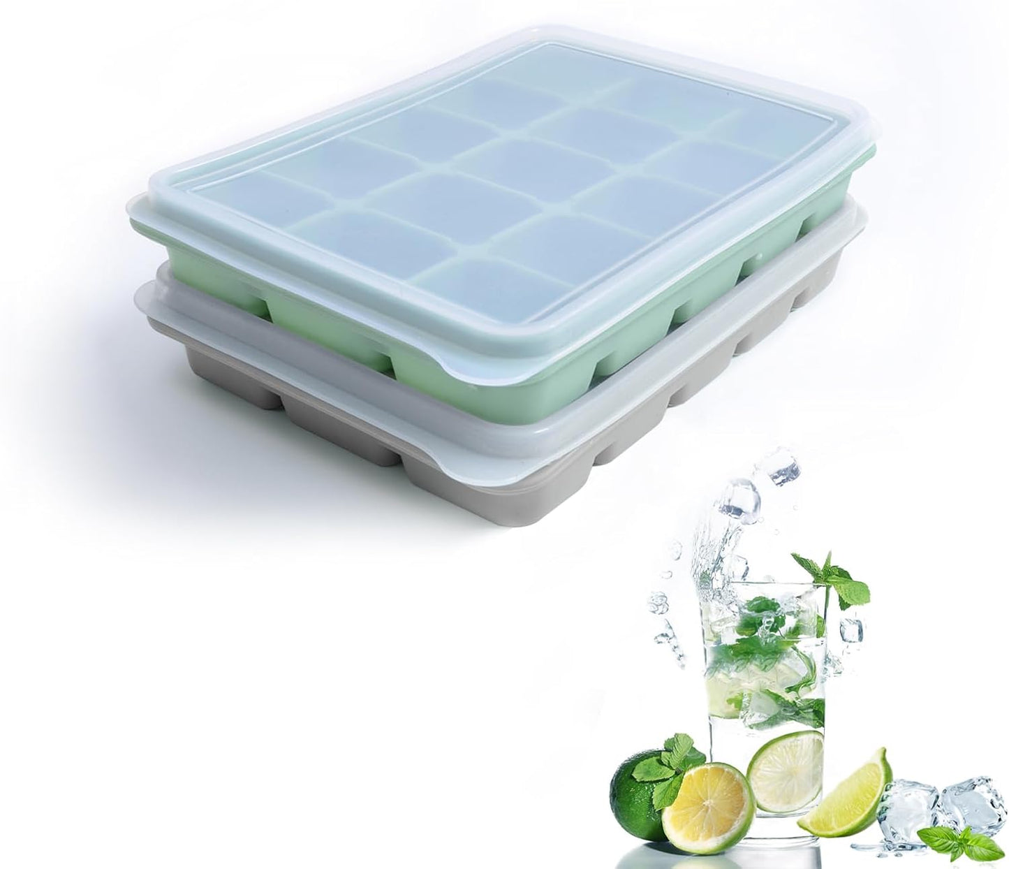 Ice Cube Trays Set of 2, Easy Release 15 Flexible Silicone Ice Cube Molds with Removable Lid Reusable Freezer Ice Trays Stackable for Whiskey, Baby Food, BPA Free (BAMBOO GREEN)