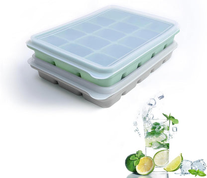 Ice Cube Trays Set of 2, Easy Release 15 Flexible Silicone Ice Cube Molds with Removable Lid Reusable Freezer Ice Trays Stackable for Whiskey, Baby Food, BPA Free (BAMBOO GREEN)
