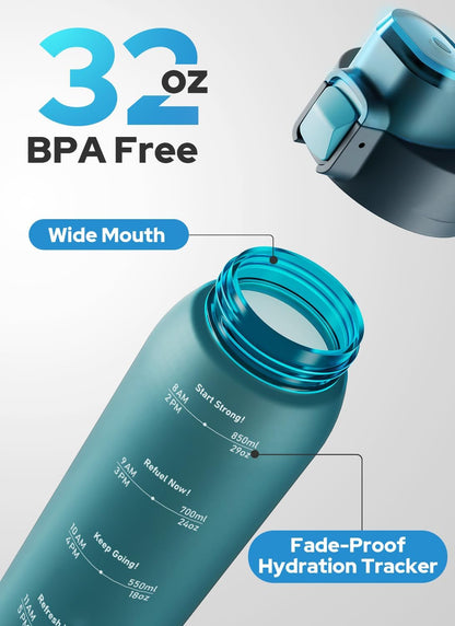Opard Zip 32oz Plastic Water Bottle Dishwasher Safe, Leakproof Flip-Top Lid, BPA Free Tritan, Wide Mouth Reusable Sports Water Bottle for Gym Hiking Commuting Outdoor Travel and School