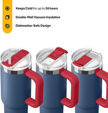 RTIC 30 oz Road Trip Tumbler Double-Walled Ceramic Lined InsulatedStainless Steel Portable Travel Coffee Mug Cup with Lid, Handle and Straw, Periwinkle Bouquet