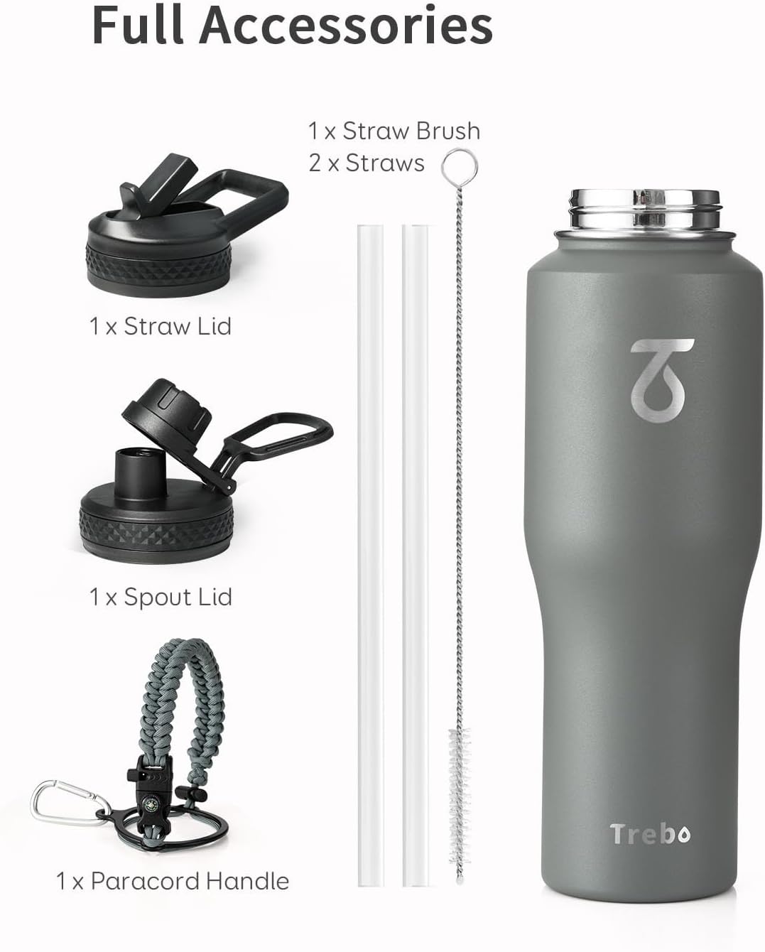 Trebo 40 oz Water Bottle Insulated Fit Car Cup Holder with Handle, Stainless Steel Water Bottles Tumbler with Spout Straw Lids, Double Wall Travel Reusable Flask, Leakproof Mug,Keep Cold &Hot,Black