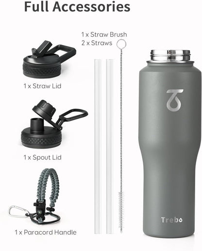 Trebo 40 oz Water Bottle Insulated Fit Car Cup Holder with Handle, Stainless Steel Water Bottles Tumbler with Spout Straw Lids, Double Wall Travel Reusable Flask, Leakproof Mug,Keep Cold &Hot,Black
