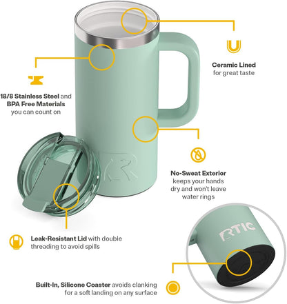 RTIC 20oz Road Trip Travel Mug with Lid and Handle, Ceramic Lined, Insulated, Stainless Steel, Metal, Double Wall Vacuum-Insulation, Portable Coffee, Tea Cup for Hot and Cold Drink, Black